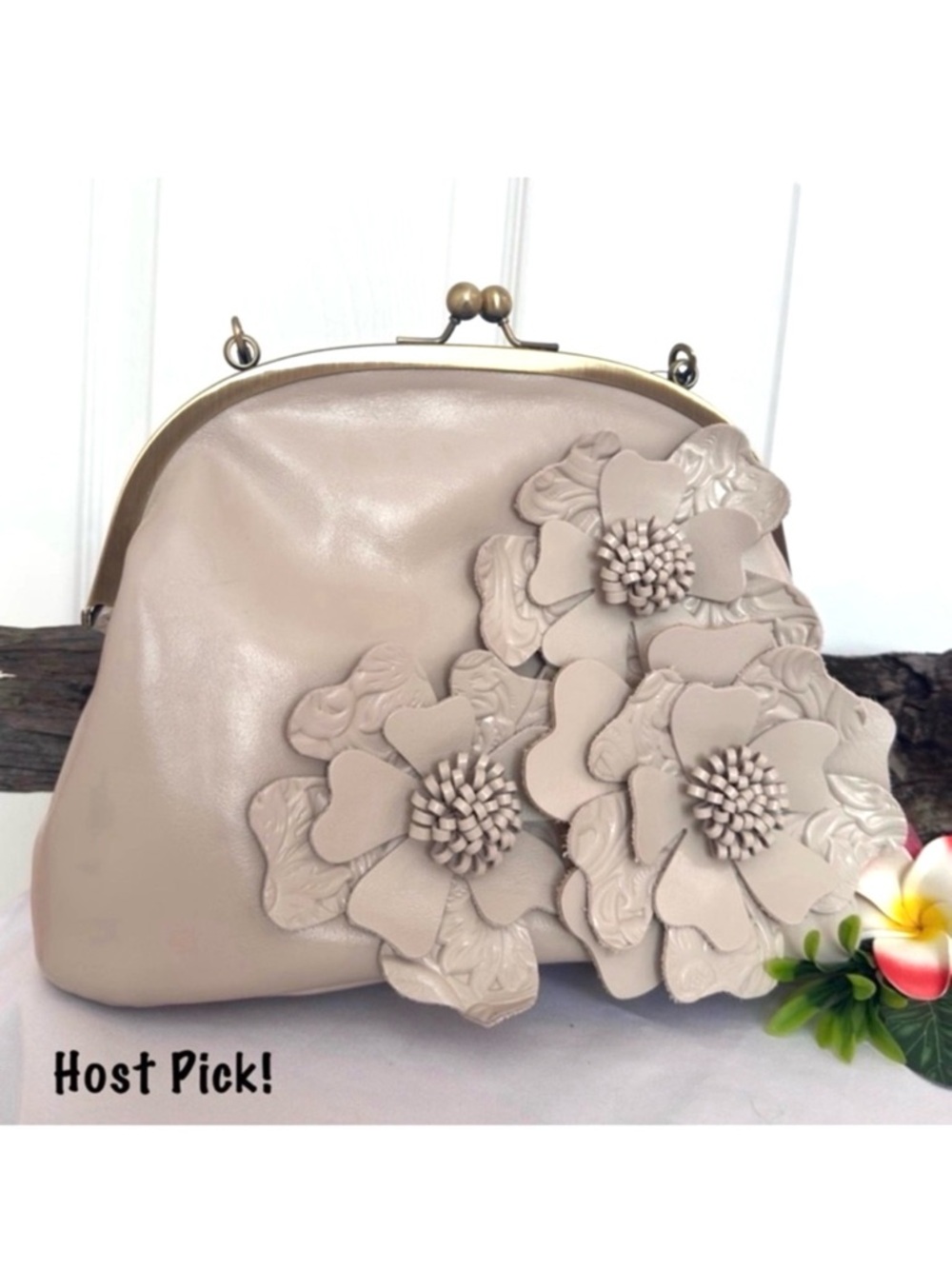PATRICIA NASH ~ 3-D Leather Floral Appliqué Greige Crossbody w/Signature Lining